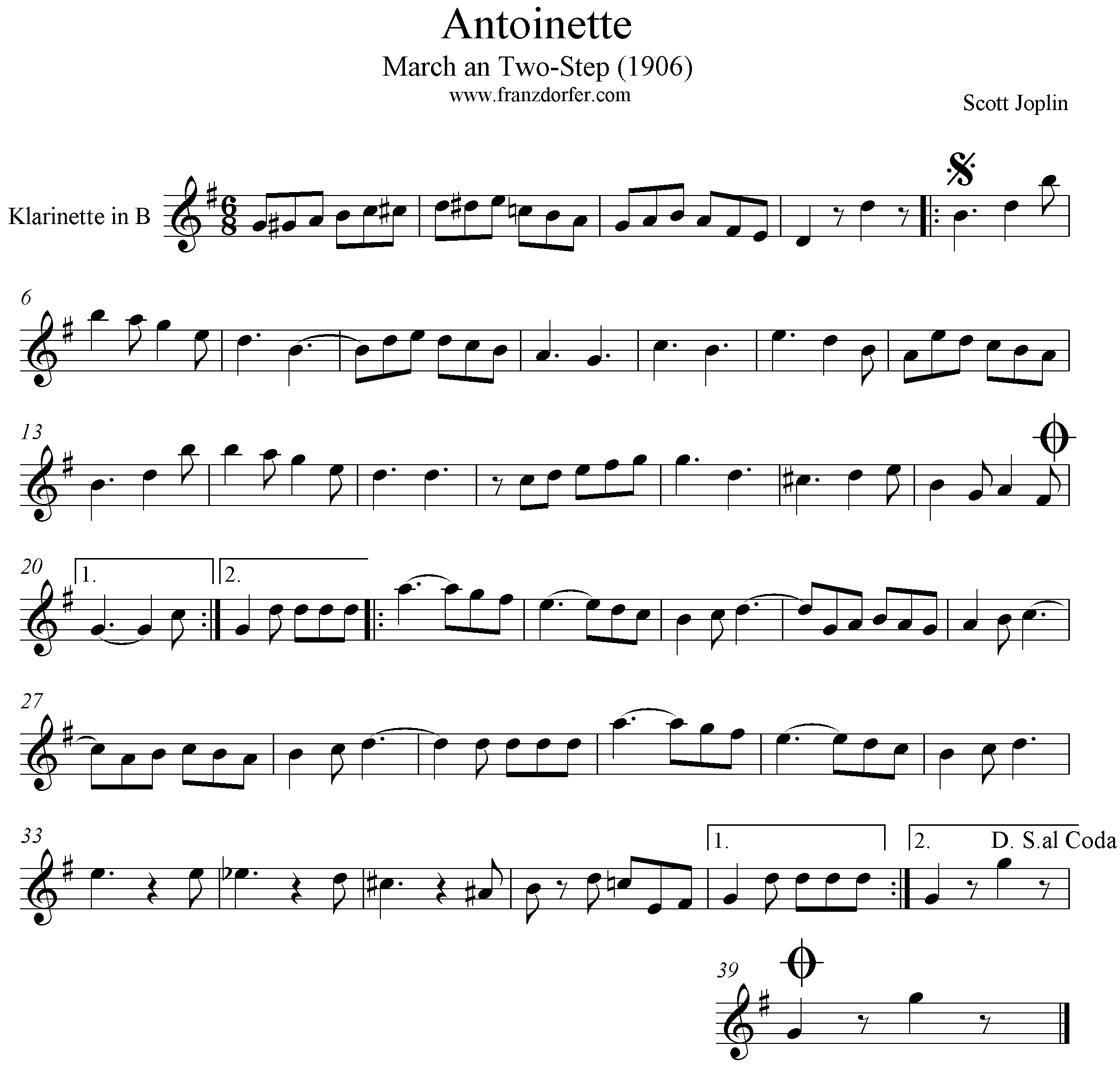 Scott Joplin freesheet music Antoinette- Clarinet, Sax, Flute